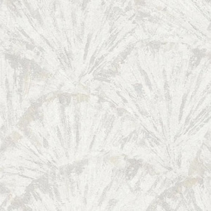 May include: White and gray textured wallpaper with a fan-like pattern. The design features overlapping, abstract shapes in varying shades of white and gray, creating a subtle, artistic effect. The wallpaper has a matte finish.