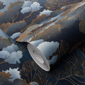 May include: A roll of wallpaper featuring a landscape design with trees and clouds. The color palette includes shades of blue, gold, and white. The wallpaper has a textured appearance, with a detailed pattern.