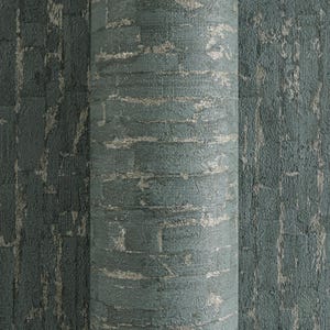 May include: A roll of textured wallpaper with a brick-like pattern. The wallpaper features a teal and gray color scheme with a distressed, aged appearance. The design mimics the look of weathered brick.