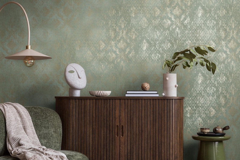 Modern Metallic green textured wallpaper 3d vinyl contemporary glam embossed neutral elegant bedroom wallpaper Bild 5