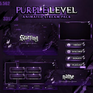 Puede incluir: Un paquete de transmisión animado púrpura con el texto "PURPLE LEVEL" y "ANIMATED STREAM PACK". El paquete incluye varios elementos de superposición, como una pantalla de inicio, cuadros de chat y botones de redes sociales. El diseño presenta un esquema de color púrpura oscuro con acentos blancos.