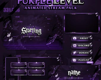 Purple Level Animated Stream Pack, Screens, Facecam, Panels, Alerts, For Twitch, Kick, Youtube