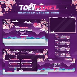 May include: A purple and pink animated stream pack with a pixelated Japanese theme. The pack includes overlays, banners, and screens with cherry blossom and mountain designs. Text includes "TORII PIXEL" and "ANIMATED STREAM PACK".