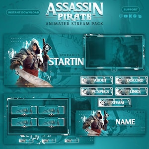 Peut inclure: Un pack de streaming animé Assassin Pirate en sarcelle avec un personnage encapuchonné tenant une épée et un pistolet. Comprend des superpositions pour Stream Is Starting, un cadre webcam, des boutons About, Discord, PC Specs, Links, Steam et alertes.