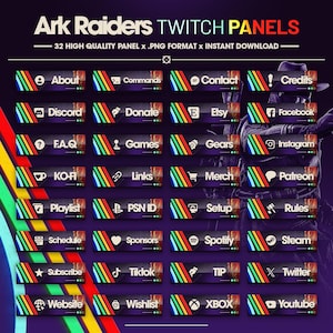 May include: A collection of 32 Twitch panels with a dark purple backdrop. Each panel has a black banner with a rainbow stripe design and a text label, including "About", "Discord", and "Subscribe". The panels are for instant download.