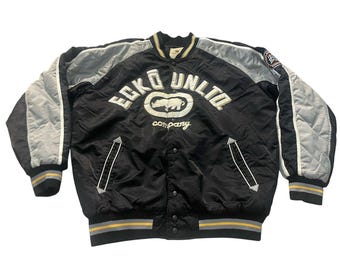 Vintage Ecko Unltd Bomber Jacket Adult L Black Gray Satin Hip Hop Urban y2k