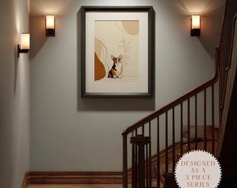 Decoración para el hogar con un perro Corgi: ilustración minimalista de perro en tonos neutros suaves