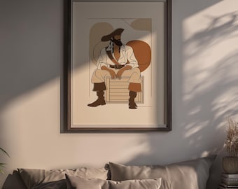 Confident Pirate Art Print: Minimal Boho Line Drawing, Earth Tones