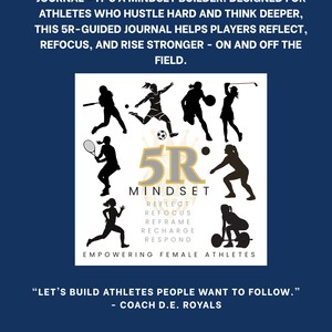May include: Dark blue graphic with text about a soccer journal and mindset building for athletes. The image includes silhouettes of athletes playing various sports, and the text "5R Mindset" with the words Reflect, Refocus, Reframe, Recharge, and Respond.