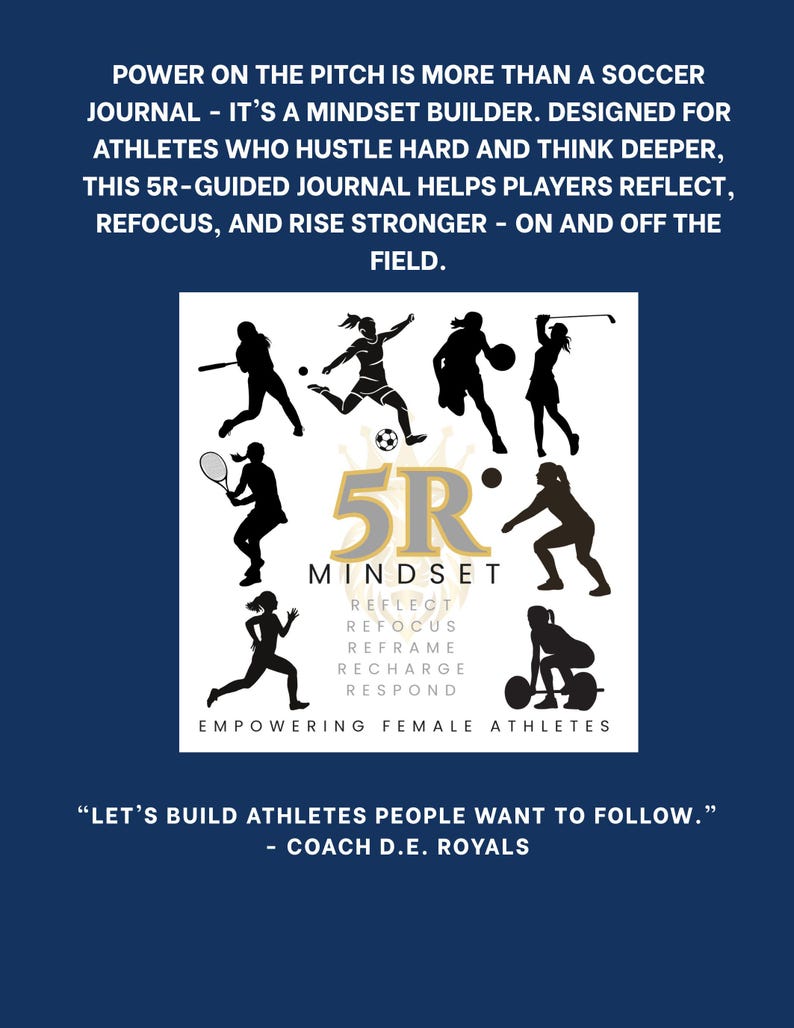 May include: Dark blue graphic with text about a soccer journal and mindset building for athletes. The image includes silhouettes of athletes playing various sports, and the text "5R Mindset" with the words Reflect, Refocus, Reframe, Recharge, and Respond.