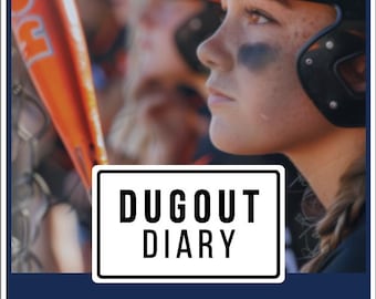 May include: A young softball player wearing a black helmet with an orange brim and a black eye. The image includes an orange bat and the text "DUGOUT DIARY" and "Stats Fade. Character Doesn't."