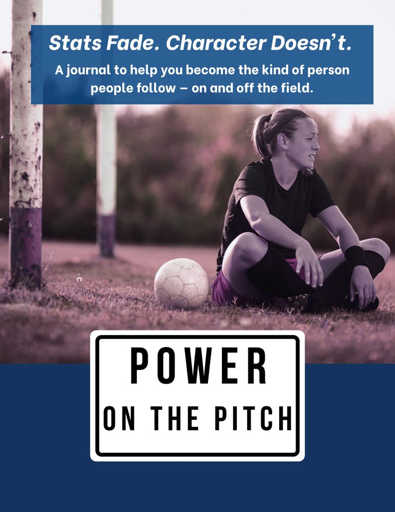 May include: A soccer ball rests on the grass near a person in athletic wear. The image includes text that reads "Stats Fade. Character Doesn't." and "Power on the Pitch." The background is a blurred field.