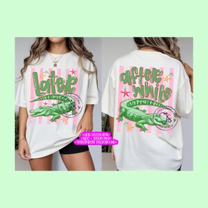 May include: Off-white t-shirt with a green alligator illustration and the word "Later" in green script. The design includes pink and white vertical stripes and stars. The back of the shirt says "After While" with a similar alligator design.