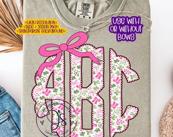 Preppy St. Patricks Day Pink Bow Shamrocks Monogram Set PNG, Clover Monogram png, St Pat Monogram png, Cute Pink Bow png, St Paddys Monogram
