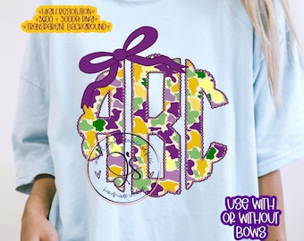 Monograma de camuflaje de Mardi Gras PNG con lazos (descarga digital)