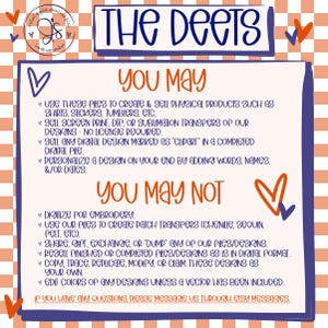 May include: A digital download graphic with the text "THE DEETS" in blue. The image lists the permitted and prohibited uses of the digital files, such as creating physical products and personalizing designs. The background has an orange and white checkered pattern.