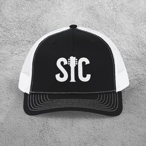 SIC Trucker Hat - Mesh Back Snapback with Guitar Logo, Sea Isle Rocks Cap for Beach Town Vibes, Summer Style & Local Pride