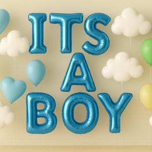 Es un niño: exhibición de globos con mensaje en papel de aluminio azul digital (16:9), baby shower, revelación de género, bautismo, decoración para fiesta de bebé niño.