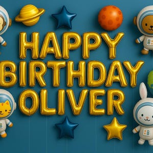 Feliz cumpleaños, Oliver – Exhibición digital de globos de aventura espacial (16:9)