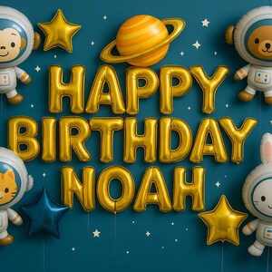 Feliz cumpleaños, Noé – Exhibición digital de globos de aventura espacial (16:9)