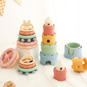 Juguete apilable de silicona personalizado, juguete para niños pequeños, nombre personalizado y estadísticas de nacimiento, juguete apilable de castillo, regalo para niños, regalo de cumpleaños, regalo para recién nacidos