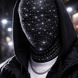 May include: A black hooded jacket with a face covering adorned with numerous sparkling white rhinestones. The person is wearing a white t-shirt and a silver chain necklace. The background is blurred with street lights.