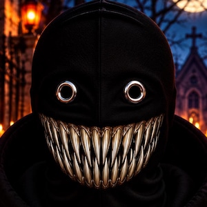 May include: A black hooded sweatshirt featuring a mask with metallic silver eye rings and a wide, toothy grin with sharp, pointed teeth. The chest area displays the white text OTKYDACH in a stylized, dripping font, with matching black drawstrings.