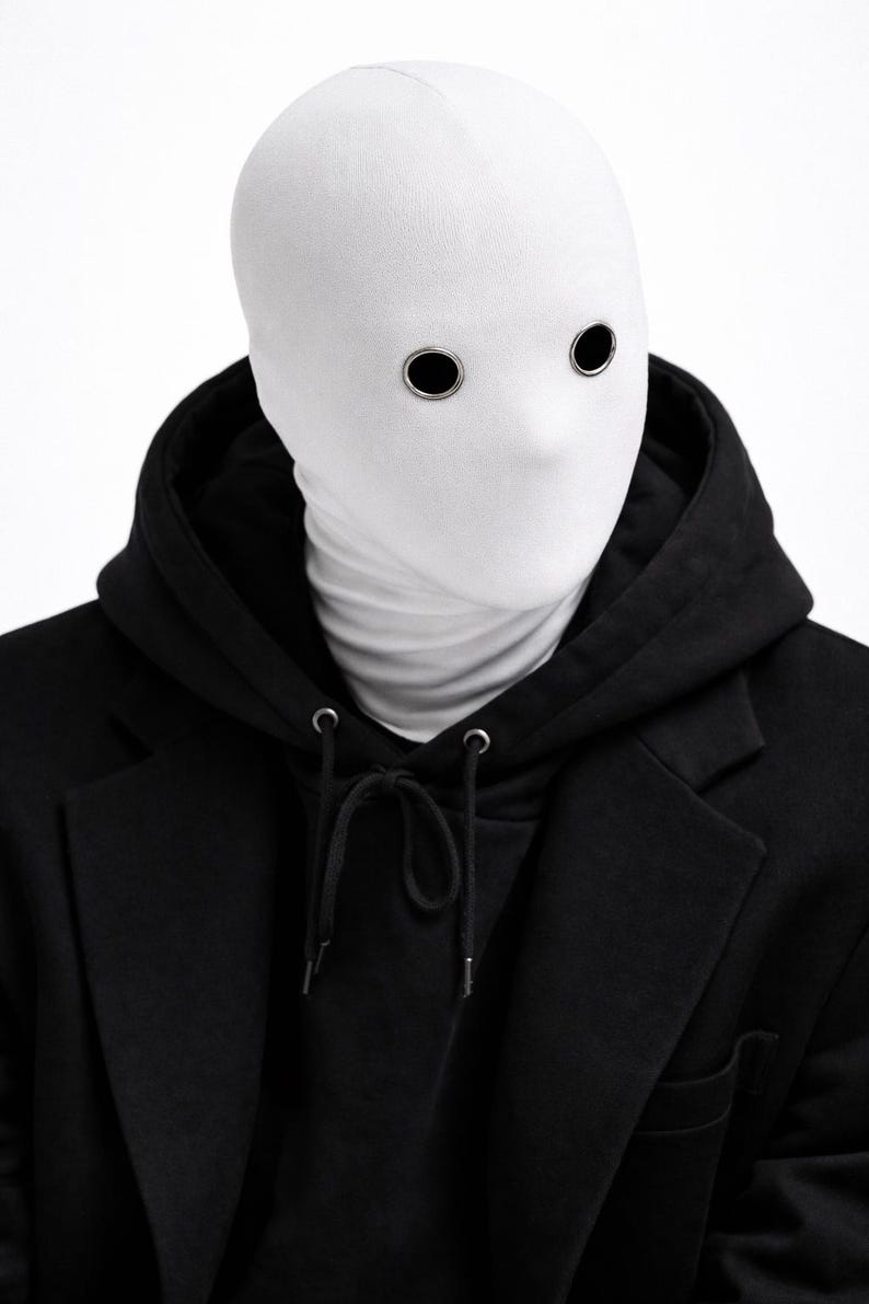 May include: A person wearing a white face covering with black eyelets, a black hooded sweatshirt, and a black blazer. The face covering obscures the person's features, creating a mysterious look. The outfit is monochromatic, with a focus on texture and form. neo robot