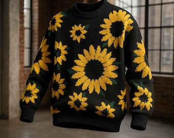 Handmade Black Sunflower Sweater: Oversized Embroidered Knit
