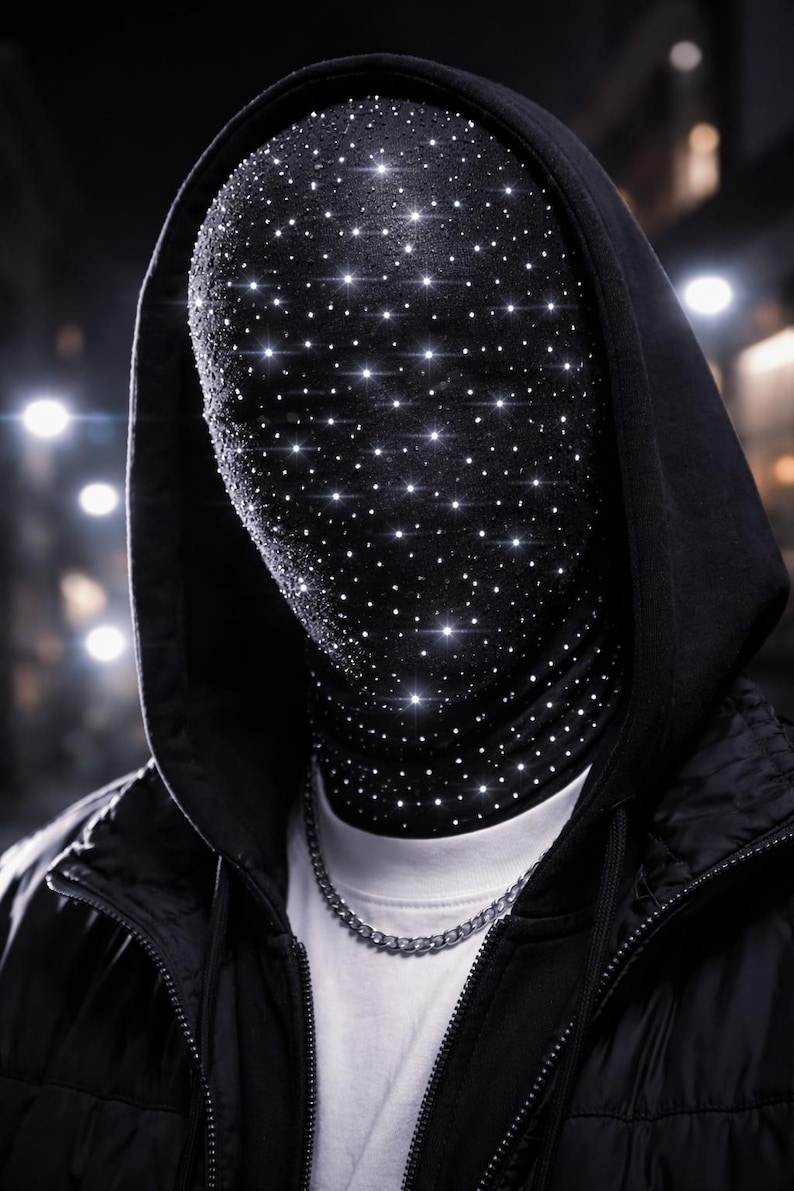 May include: A black hooded jacket with a face covering adorned with numerous sparkling white rhinestones. The person is wearing a white t-shirt and a silver chain necklace. The background is blurred with street lights.