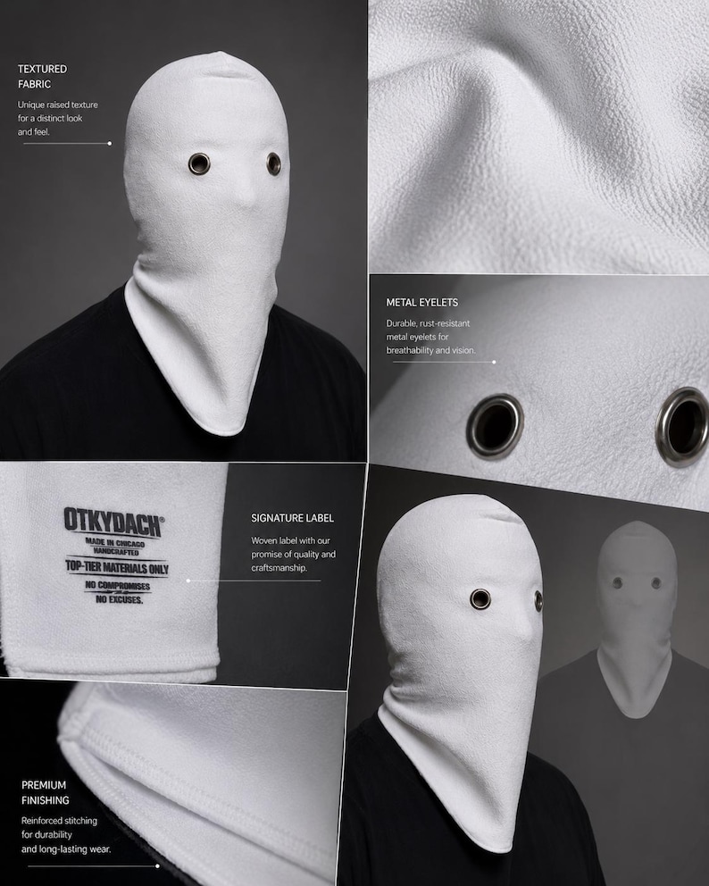 May include: White textured fabric hood with metal eyelets for breathability. Features a unique raised texture and reinforced stitching for durability. Includes a signature label. Made in Chicago.