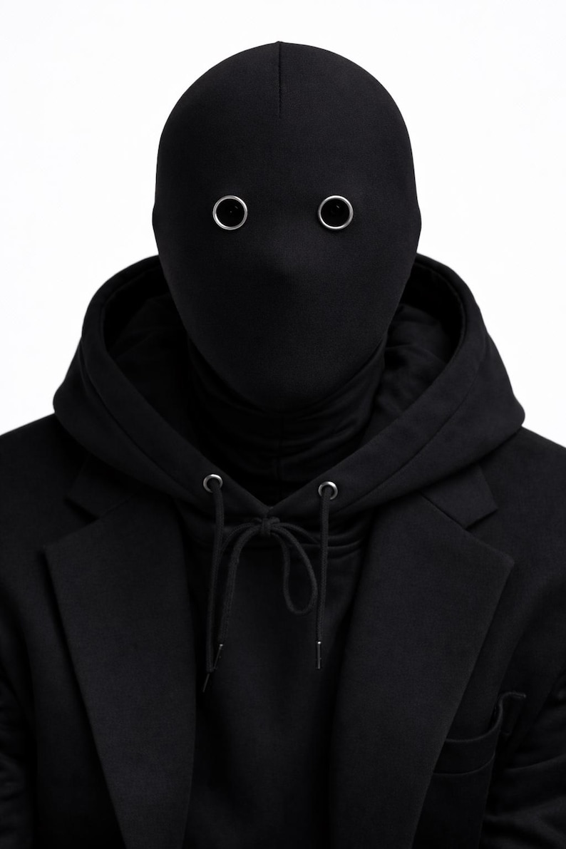 May include: A person wearing a black balaclava with silver eyelets, a black turtleneck, a black hoodie, and a black blazer. The image is set against a white background. neo robot
