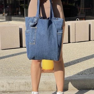 Oversized Denim Tote Bag with Pockets – Handmade Upcycled Jean Bag