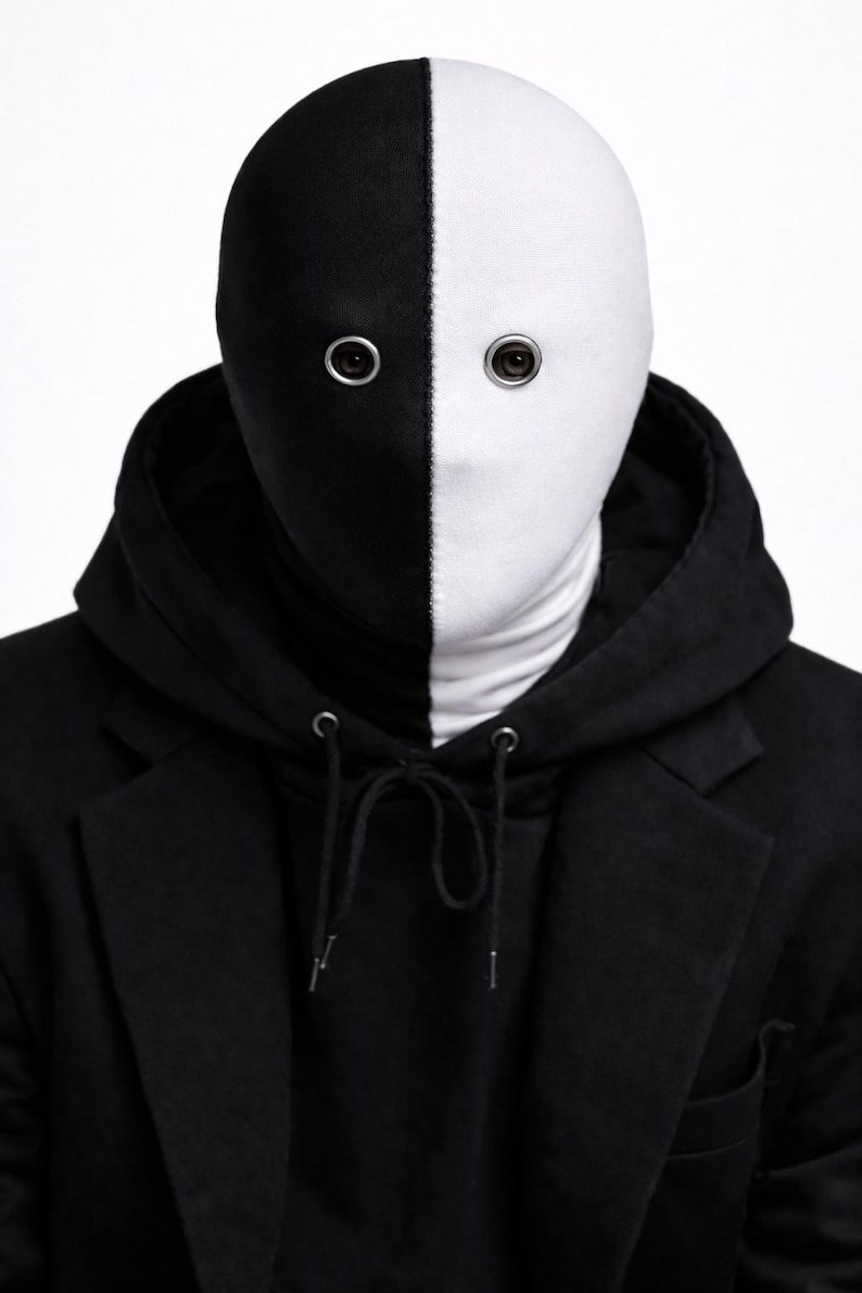 May include: A person wearing a black hooded jacket and blazer, with a mask that is split vertically into black and white halves. The mask has eye holes with metal rings around them. neo robot