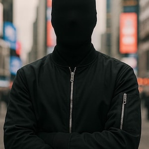 May include: A person wearing a black bomber jacket with a zipper closure and a black balaclava covering the head and face. The person's arms are crossed. The background is a blurred city street. neo robot