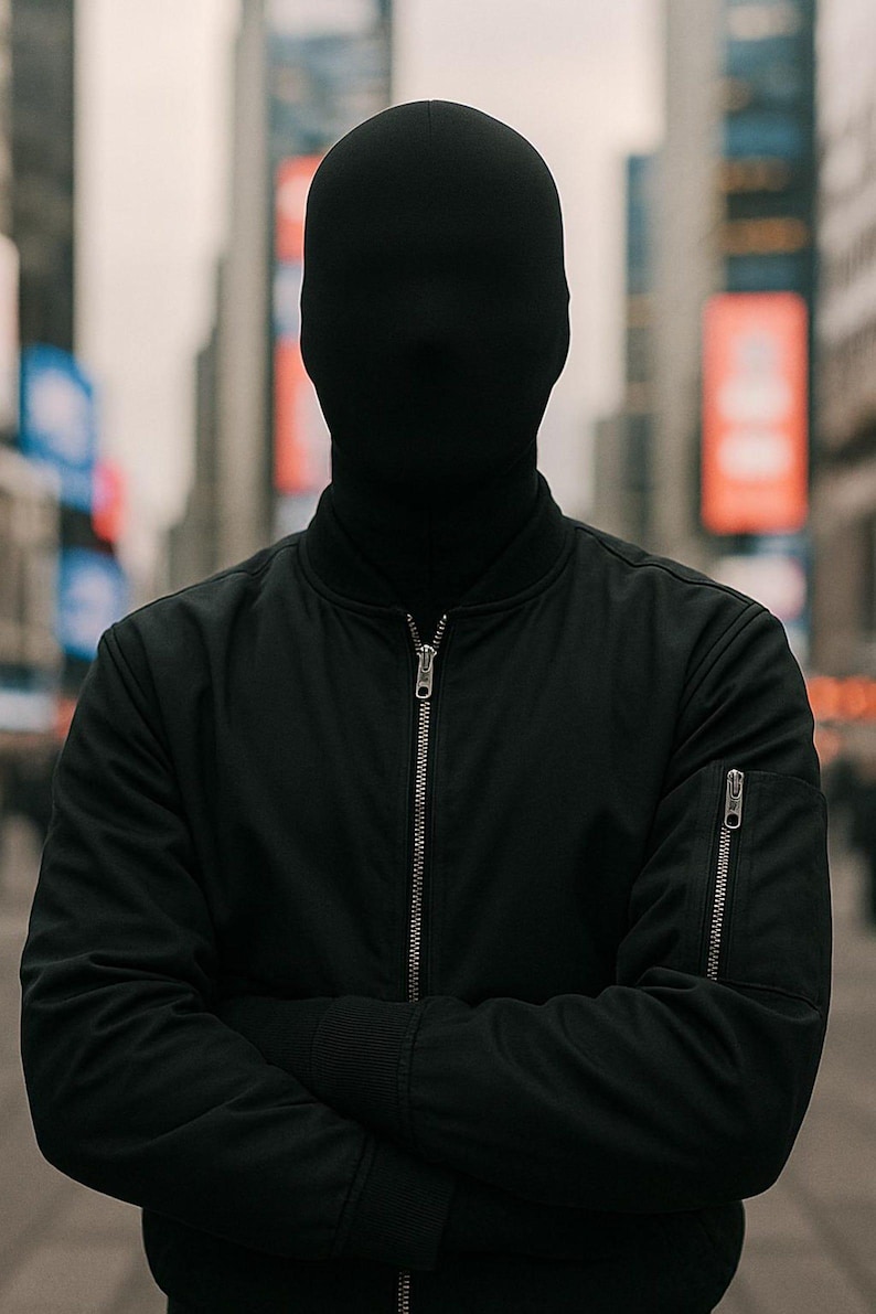 May include: A person wearing a black bomber jacket with a zipper closure and a black balaclava covering the head and face. The person's arms are crossed. The background is a blurred city street. neo robot