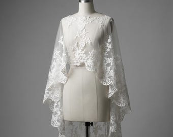 Mantella da sposa in pizzo, Mantella da sposa alta e bassa, Coprispalle per abito da sposa, Coprispalle floreale, Poncho ricamato per matrimonio, Coprispalle in pizzo