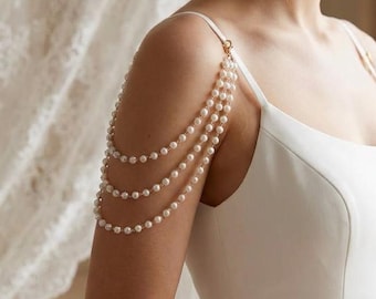 Tirantes de novia con cuentas, tirantes blancos para vestido de novia, brazalete de perlas, accesorios para vestidos sin mangas, mangas con hombros descubiertos, joyas para el brazo para bodas