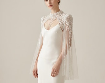 Beaded bridal topper, Tulle wedding cape with sleeves, Sequin shoulder cover, Wedding dress overlay, Bridal flare sleeves, Wedding shrug