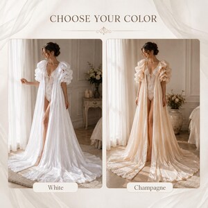 Elegant floor-length bridal robe with dramatic puff sleeves crafted from lightweight sheer fabric. Romantic wedding robe available in white and champagne, perfect for bridal getting ready photos, honeymoon, bridal boudoir, and luxury wedding morning styling.