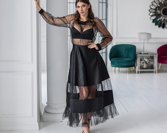 Elegante Vestidos Vestidos Para Graduacion Negros Futuristic Dress, Sheer  Tulle Dress, Tulle Overlay Dress, See Through