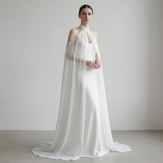 Bridal cape long, Wedding gown cape, Elegant sheer cape for women, Dress cape overlay, Minimalist chiffon cape, Wedding dress accessories