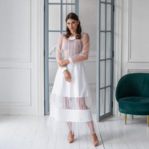 Villanelle dress, Sheer tulle dress, Tulle overlay dress, Futuristic dress plus size, Avant garde dress plus size, White see through dress