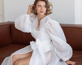 Puffy sleeves organza robe with train, Sheer bridal robe, Long wedding robe, Bride getting ready robe long, Bride robe for wedding day
