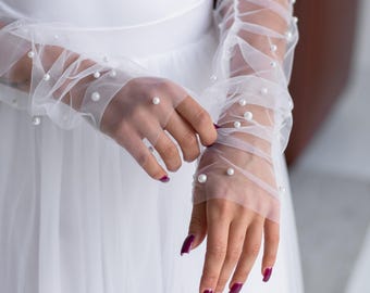 Pearl bridal sleeves, Beaded bridal sleeves, Detachable wedding sleeves pearl,Sheer bridal sleeves long, Removable bridal sleeves
