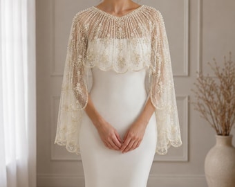 Beaded Bridal Cape, Pearl Wedding Cape, Bridal Shoulder Cover, Bridal Capelet, Beaded Wedding Cover Up, Bridal Overlay