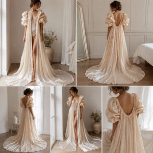 Elegant floor-length bridal robe with dramatic puff sleeves crafted from lightweight sheer fabric. Romantic wedding robe available in white and champagne, perfect for bridal getting ready photos, honeymoon, bridal boudoir, and luxury wedding morning styling.