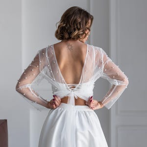 Pearl bridal topper, Bridal topper with bow back, Beaded wedding bolero, Bridal bolero long sleeves, Pearl overlay top, Bridal pearl shrug