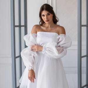 Kurzes Brautkleid mit Puffärmeln, Kurzes Hochzeitskleid mit langen Ärmeln,Elopement Kleid kurz,Verlobungskleid kurz,Hochzeitskleid
