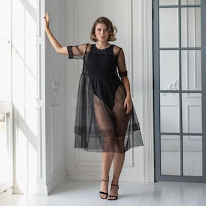 Villanelle dress, Sheer tulle dress, Tulle overlay dress, Futuristic dress plus size, Black sheer dress, Black see through dress